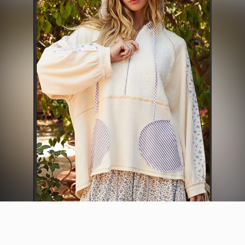 Cream Hooded Top with Blue Details